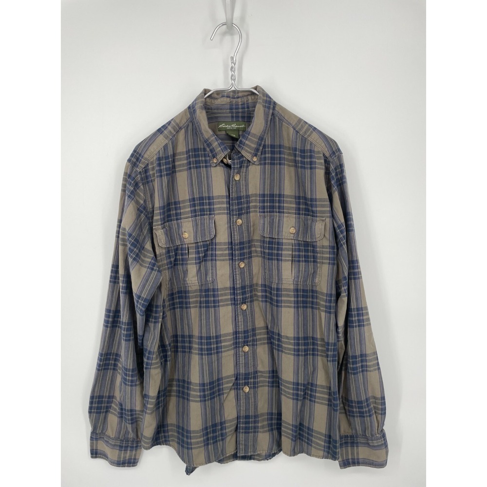 Eddie Bauer Shirt Mens XL Gray Blue Plaid Button Up Cotton